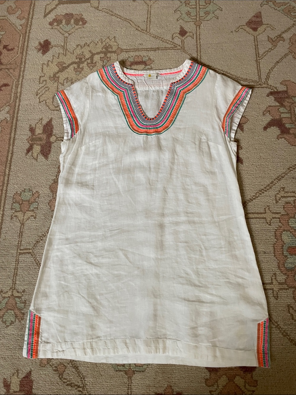 Boden White Linen Tunic Coverup with Colorful Embroidered Neckline